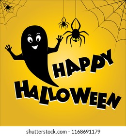 A cool ghost and spiders on the web want a happy Halloween