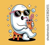 Cool ghost with sunglasses and pumpkin drink vector