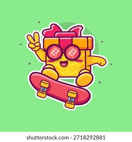 Cool caja de regalo personaje mascota jugando monopatín aislado de dibujos animados