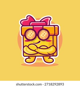Fresca caja de regalo personaje mascota con brazos cruzados aislados de dibujos animados en diseño de estilo plano