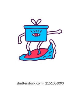 Cool gift boxes with one eye surfing, illustration for t-shirt, street wear, sticker, or apparel merchandise. With doodle, retro, and cartoon style.