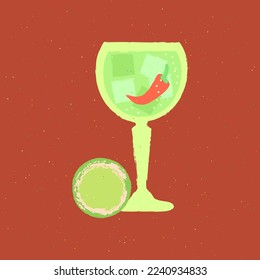 Cool gin tonic in glass. Passion fruit and pepper in alcoholic liquid. Vector flat illustration with texture. Retro minimalist poster. Alcoholic drink chilled with ice cubes