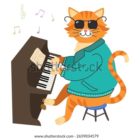 Cool ginger cat in sunglasses playing piano with sheet music. Animal musician concept. Holiday card.