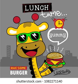 cool giraffe and burger,animal cartoon,vector illustration 