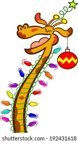 Cool giraffe with Christmas lights around its long neck, a star on top of its head and a bauble hanging from its ear while laughing, clenching its eyes, having fun and celebrating Christmas