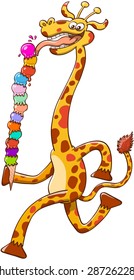 Cool giraffe with long neck and big smile while striding and eating voraciously a colorful tower of ice cream composed by thirteen balls in different flavors and in a very unsteady balance