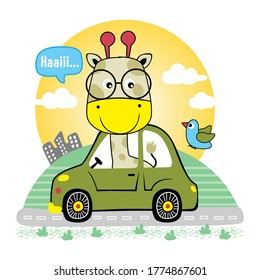 jirafa fresca en el coche divertido caricatura animal,ilustración vectorial