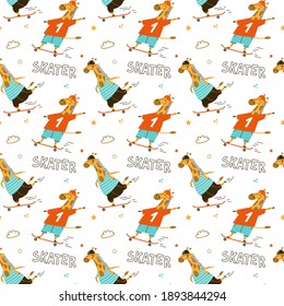 Cool giraffe skaters in caps and helmets seamless pattern. Fun sports animal prints and backgrounds. Vector illustration in cartoon style on a white background