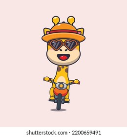 Cool giraffe with sunglasses riding a motorcycle in summer day.