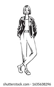 
cool girl in a black jacket. vector fashion illustration