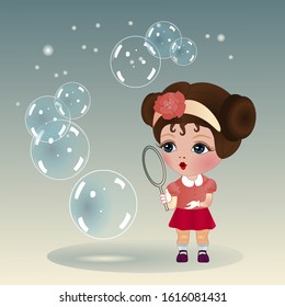 cool girl blows bubbles against the night sky with stars, color vector detailed illustration