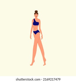 Cool girl in a blue swimsuit. Girl with a model figure. Trend vector illustration. Summer illustration with isolated background.