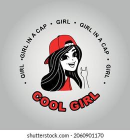 Cool girl. Girl in a cap. The girl shows a goat. Vector drawing of a girl's face. Happy teenager logo.