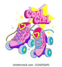 Cool girl cartoon poster with disco roller Skates, hearts sign, stars. 90s and 80s style t shirt design. Colorful girlish shoes illustration.