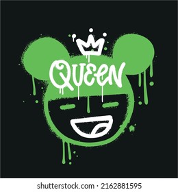 Cool girl with crown - Urban street graffiti style with textured lettering Queen. Trendy girl drawn with splash effect and drops. Print for graphic tee, sweatshirt. Vector hand drawn illustration.