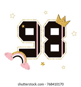 Cool girl fashion tee print with numbers and gold glitter elements. Vector hand drawn illustration.