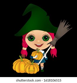 cool girl in a green witch hat stands holds a pumpkin and a broom on a black background, halloween detailed illustration