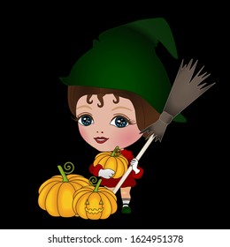 cool girl in a green witch hat stands and holds a pumpkin and a broom on a black background, halloween detailed illustration