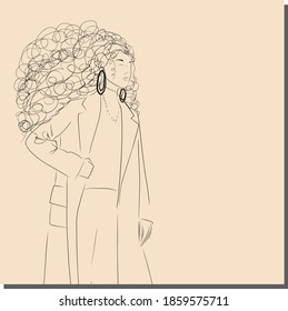Cool girl hand drawing. Print on clothes, stylish linear illustration. Template for trendy news, advertising and discounts.