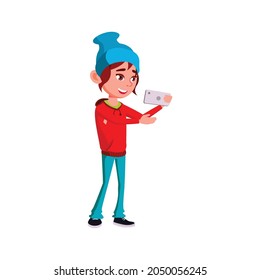 cool girl in hat taking selfie on cellphone cartoon vector. cool girl in hat taking selfie on cellphone character. isolated flat cartoon illustration