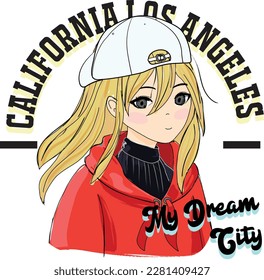 cool girl illustration design with city slogan asian anime manga k-pop vector graphic varsity