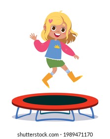 Cool Girl jumping on a trampoline. Fun at the attraction. Vector illustration in cartoon children s style. Isolated funny clipart on a white background. Cute print
