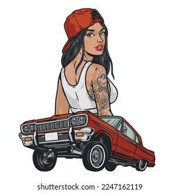 Cool girl lowrider colorful emblem beauty and jumping retro car to participate in competitions or youth street parties vector illustration svg
