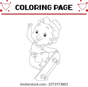 cool girl is playing skateboard coloring page for kids