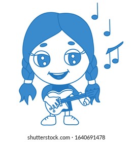 cool girl plays electric guitar, vector emoji in color, simplified blue emoticon
