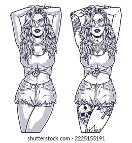 Cool girl portrait emblem monochrome with daring beautiful model in summer shorts and tattoo in form of skull vector illustration