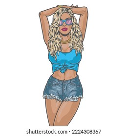 Etiqueta de retrato de chica fresca colorida con una joven rubia parada en gafas y ropa de moda para el verano caminata ilustración vectorial