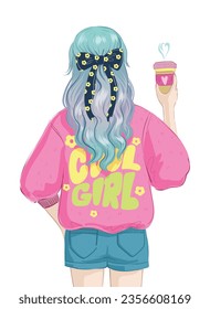 Cool girl poster with blue hair girl hold on cup of coffee. Bow on hairdress. Back view girl. Rear view woman in casual style clothes.