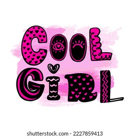 Cool girl poster with cartoon hand written text, hearts, lashes. Pink poster with watercolor spot on white background. Lettering card