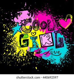 Cool girl to print T-shirts. Hand lettering.Background with pink hearts and creative design for girls. Fashion illustration drawing in modern style. Girlish print with hearts, stars, spray and lips.