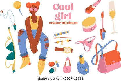 Cool girl and girl products vector editable stickers paper layers effect illustration	