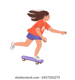 Cool girl rides fast on skateboard. Cute happy kid skates on board. Joyful teen kicks off to move, rushing with cruiser deck. Street sport. Flat isolated vector illustration on white background