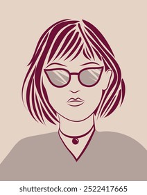 Cool girl round face with glasses and short hair portrait illustration in line art style in purple color