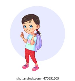 Cool girl with a school satchel show two fingers as v sign. Vector cartoon illustration of a hand gesture.