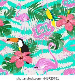 Cool girl seamless pattern.Tropical background with flamingo, toucan, hibiscus, palm leaves on a striped background. For fashion textiles, clothing, paper, web