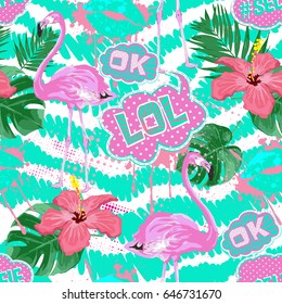 Cool girl seamless pattern.Tropical background with flamingo, hibiscus, palm leaves on a striped background. For fashion textiles, clothing, paper, web