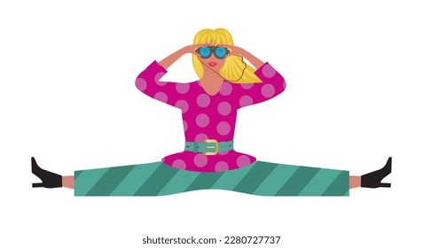 Cool girl sitting in split, looking through binoculars. Isolated on white. Vector illustration.