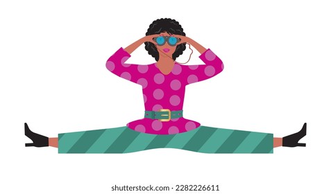 Cool girl sitting in split, looking through binoculars. Isolated. Vector illustration.