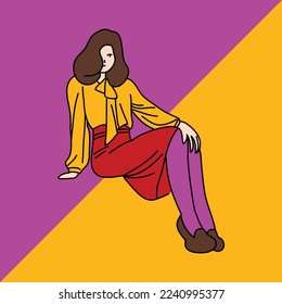 cool girl sitting in trendy style.  color contrast trend inspiration 2023. vector illustration.  suitable for posters, social media advertising, fashion campaign elements
