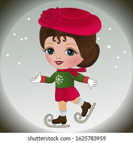 cool girl skater dressed in a green sweater, red scarf, hat and skirt is skating, color vector detailed illustration