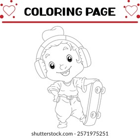 cool girl is standing posing with skateboard coloring page for kids 