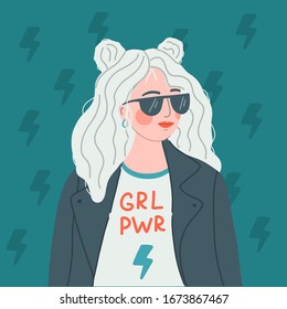 A cool girl in sunglasses, a leather jacket and a t-shirt that says Grl Pwd. Girl power, feminist concept. Flat vector illustration.