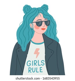 Ein cooles Mädchen in einer Sonnenbrille, eine Lederjacke und ein T-Shirt, das Girls Rule sagt. Mädchenmacht, feministisches Konzept. Flachbild-Vektorillustration, einzeln auf weißem Hintergrund. 
