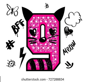 Cool girl t shirt number 9 white background and pink glitter texture  nose   whiskers  black ears  comics sketch elements smile  lightning eye  speech cloud heart   butterfly  word meow