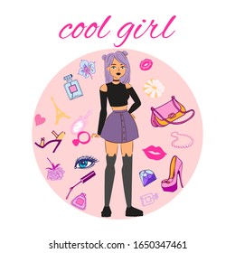 Cool girl vector illustration fashion poster. Young cool girl with fashion patch badges lips, shoes, eye, ladies bag, lipstick. Trendy collection of stickers, pins, patches in cartoon comic style.