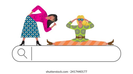 Cool girls with binoculars and magnifying glass above search function. Isolated. Vector illustration.